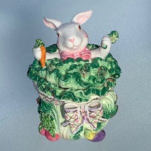 Bunny Rabbit in Lettuce Ceramic Lidded Bowl / Candy Dish